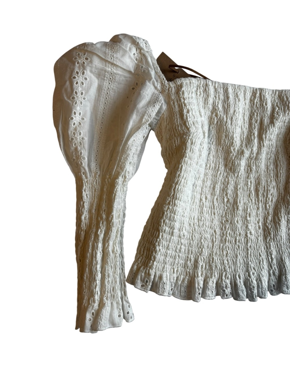 Smocked Square-Neck Eyelet Puff Sleeve Blouse — White - Picture 5 of 11